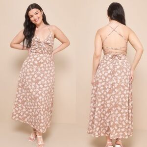 Lulu's Floral Midi Dress in Tan and White